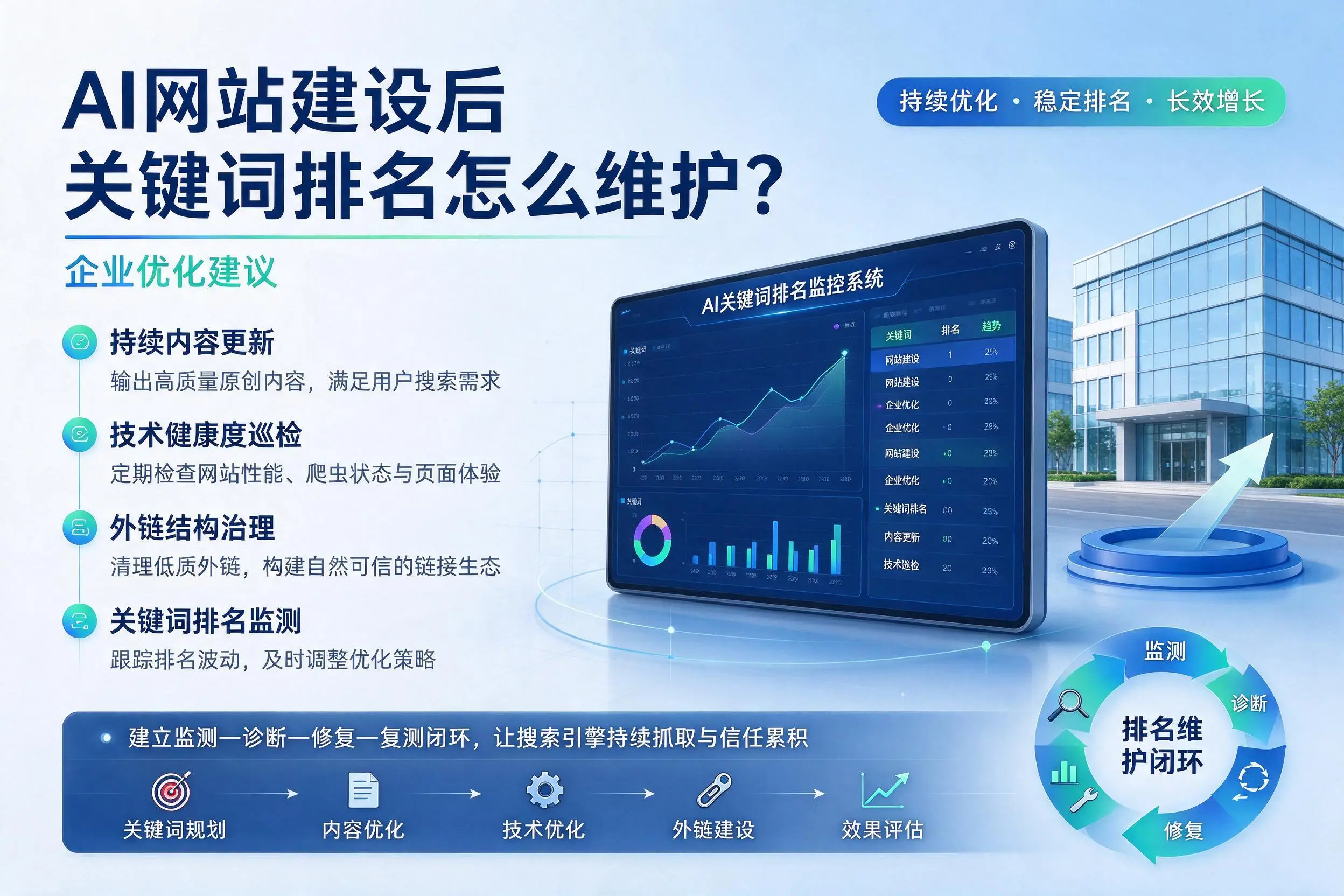 AI网站建设后关键词排名怎么维护?塔城企业优化建议