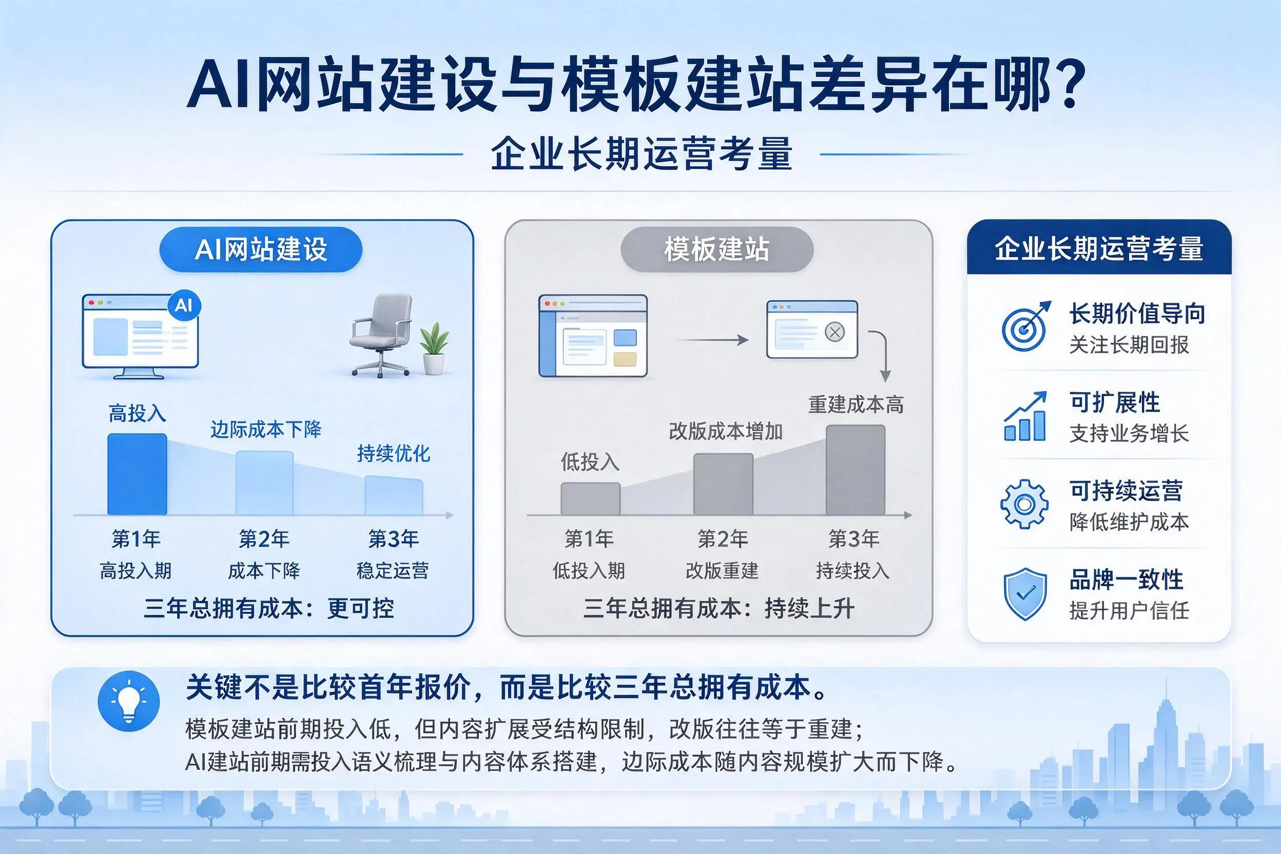 AI网站建设与模板建站差异在哪?塔城企业长期运营考量